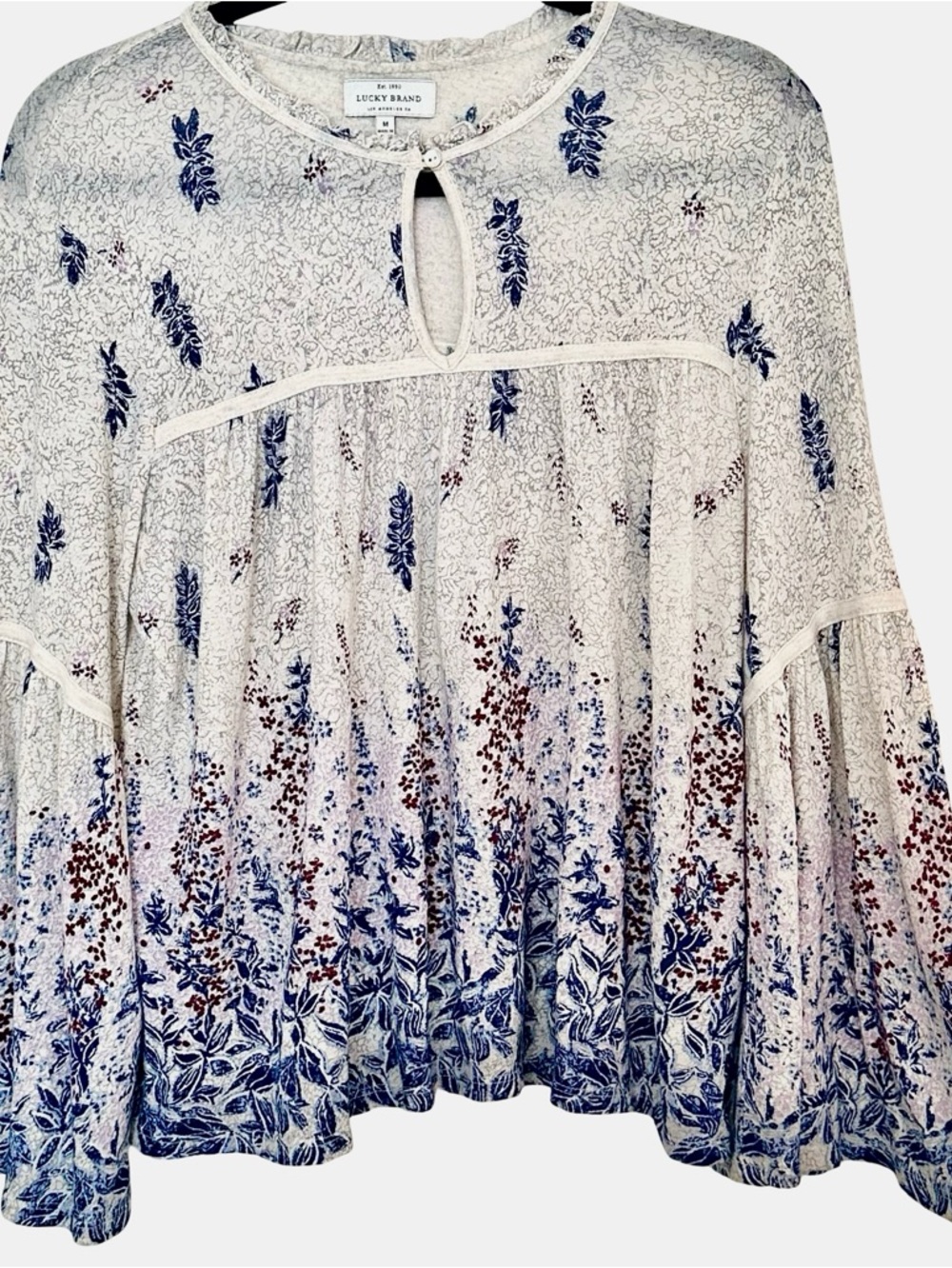 Lucky Brand Cream Floral Boho Babydoll Peasant Blouse Blue +  Brown India Sz M